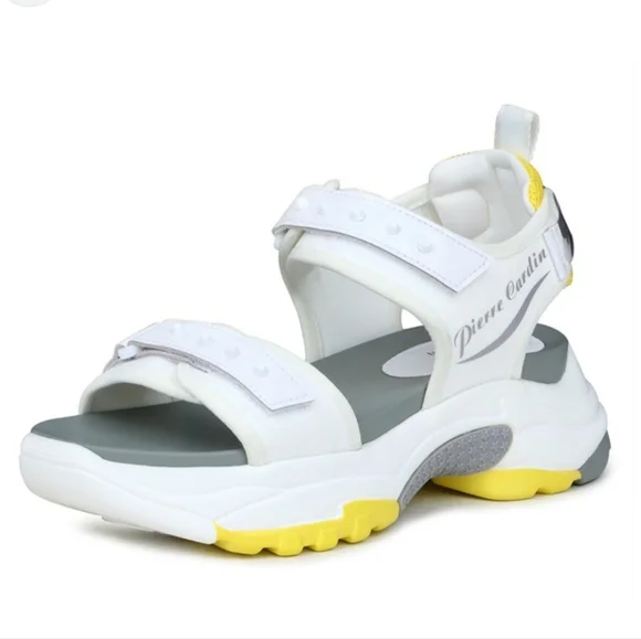 Pierre Cardin White Gray Yellow Chunky Platform Sporty Ankle Strap Sandals, 8.5 - Picture 1 of 9